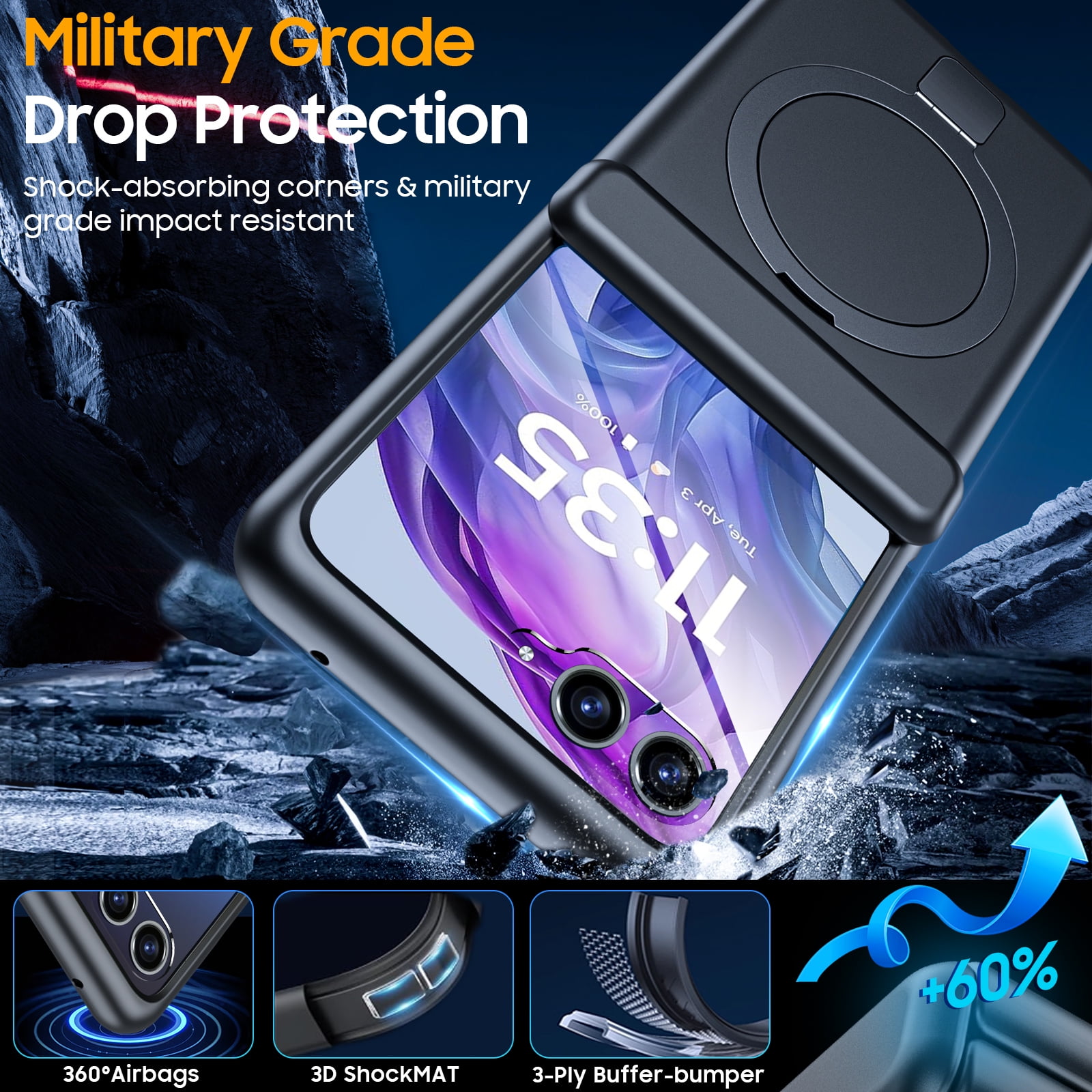 Oupeigar For Motorola Razr 2024 Ultra Phone Case With Hinge Protection,Screen Protector,Magnetic Ring Stand,Full-Body Shockproof Rugged Case-Black