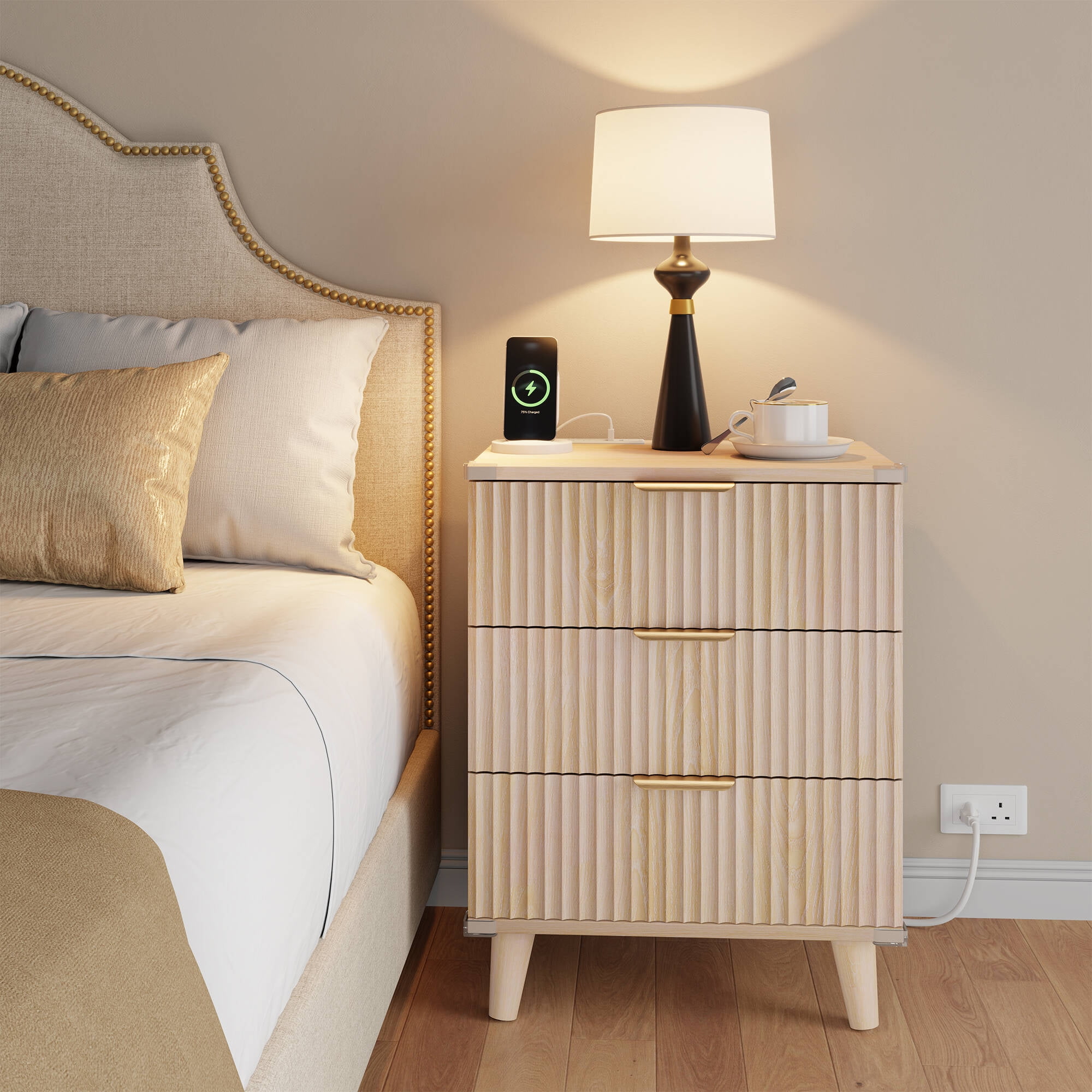 Laintene 3-Drawer Dresser for Bedroom, Nightstand with Charging Station - Modern Fluted with Solid Wood Legs, 2 AC Outlets & 2 USB Ports, Small End Table with Storage, Natural