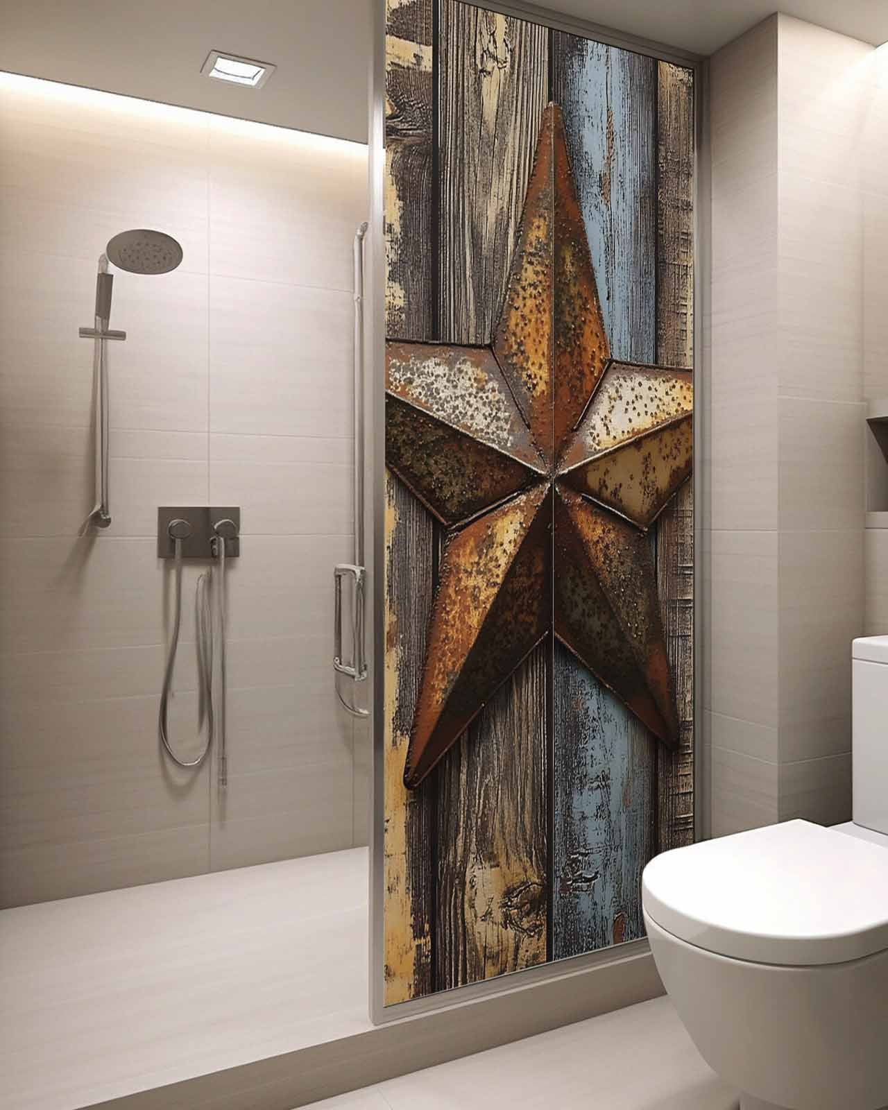 Window Privacy Film Retro Vintage Stained Glass Window Film Decorative Sun Block Window Cover Chic Western Texas Star Pattern Wooden Window Clings Static Adhesive Sticker for Bathroom 29.5"x78.7"