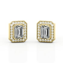 JeenMata 2.15 Carat Emerald Cut Moissanite - Milgrain Halo Channel - Prong Bezel Set Stud Earrings - 18K Yellow Gold Plating over Silver