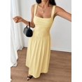 thumbnail image 4 of Petite Womens Yellow Solid Square Neck Ruched Flared Maxi Dress For Spring Summer, 4 of 7