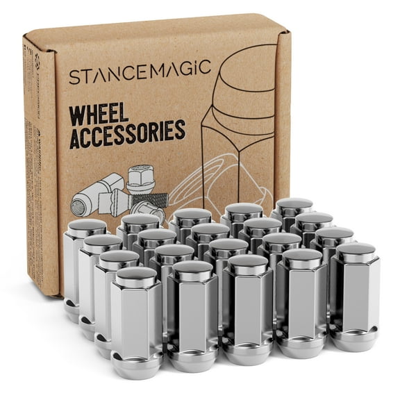 StanceMagic - Set of 20 Lug Nuts Metric 14x1.5 Threads, Bulge Conical Cone Taper Acorn Seat Closed End Long Extended, 1.8 inch Length, Uses 19mm or 3/4 inch Hex Socket M14x1.5 Lug Nut - Silver Chrome