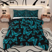 Homewish Teens Romantic Animal Queen Comforter Set, Black Teal Butterfly Moth Bedding Sets, Fashion Princess Style Reversible Bedding Comforter Set, Ultra Soft Bedroom Decor, 3pcs