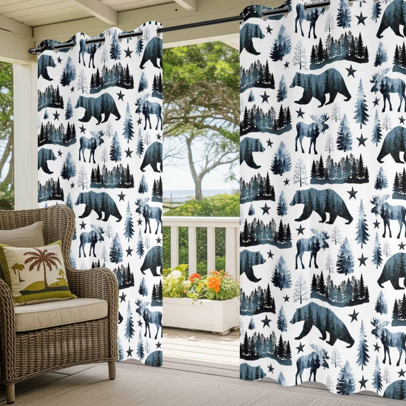 Grizzly Bear Outdoor Curtains for Patio, Country Forest Dark Green Beige Animals Pine Trees Star Sunshade Privacy Drapes Grommet Waterproof Outside Curtains for Porch/Cabana/Balcony 54"x108", 1 Panel