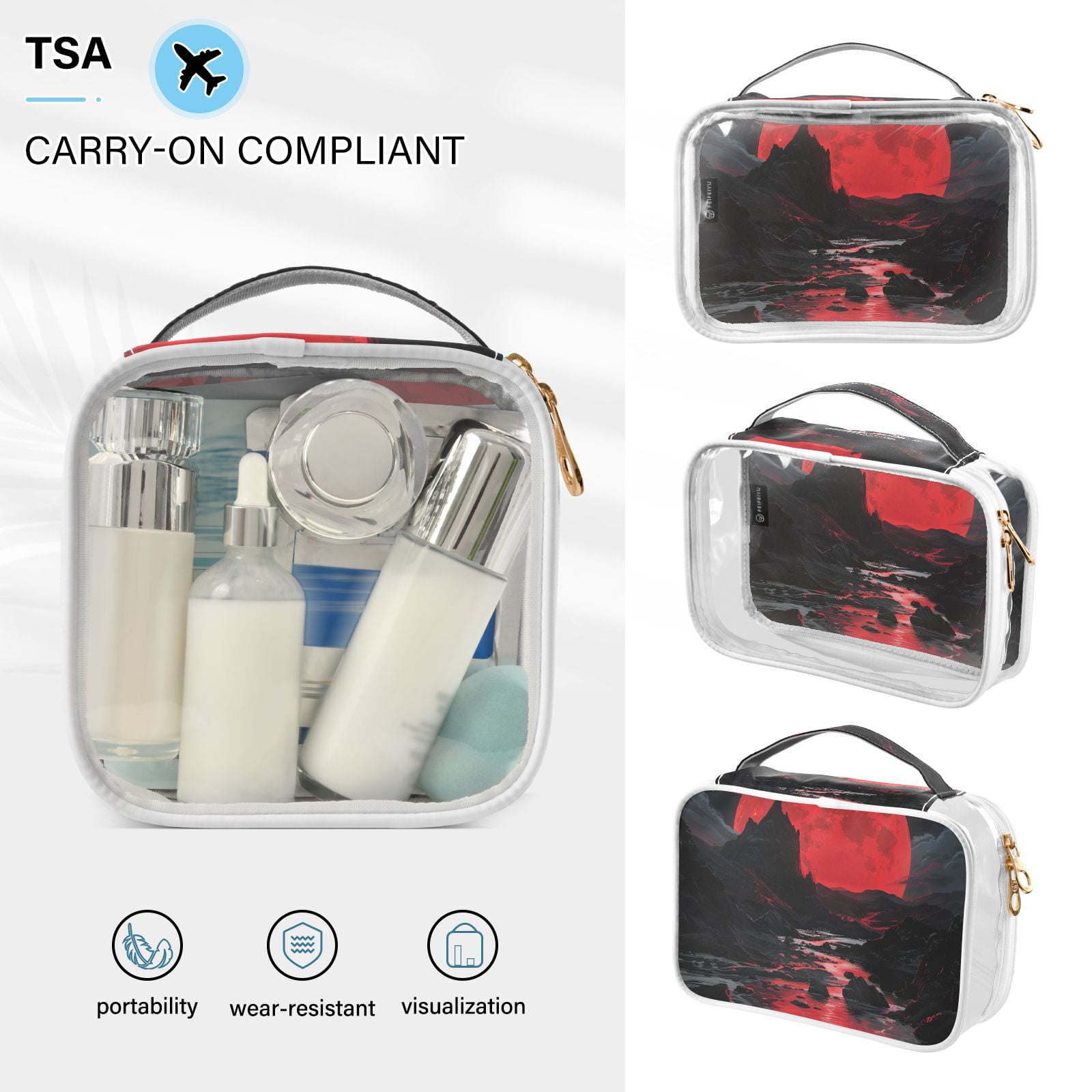 Clear Makeup Bags with Handle Large Opening 2 Pack Set Toiletry Bag Quart Size Bag, for Women Man Traveling Travel Essentials, Toiletries and Other. Red Moon Wild