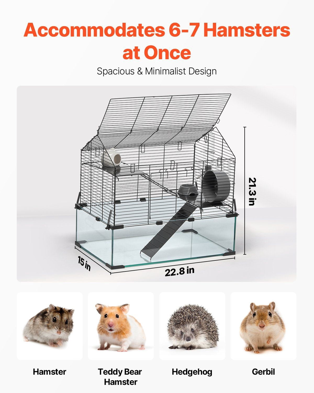 360 Degree View Transparent Hamster Cage 22.8x15x21.3 Inch Ventilated Small Animal Habitat with Water Bottle for Mice Rats Guinea Pigs