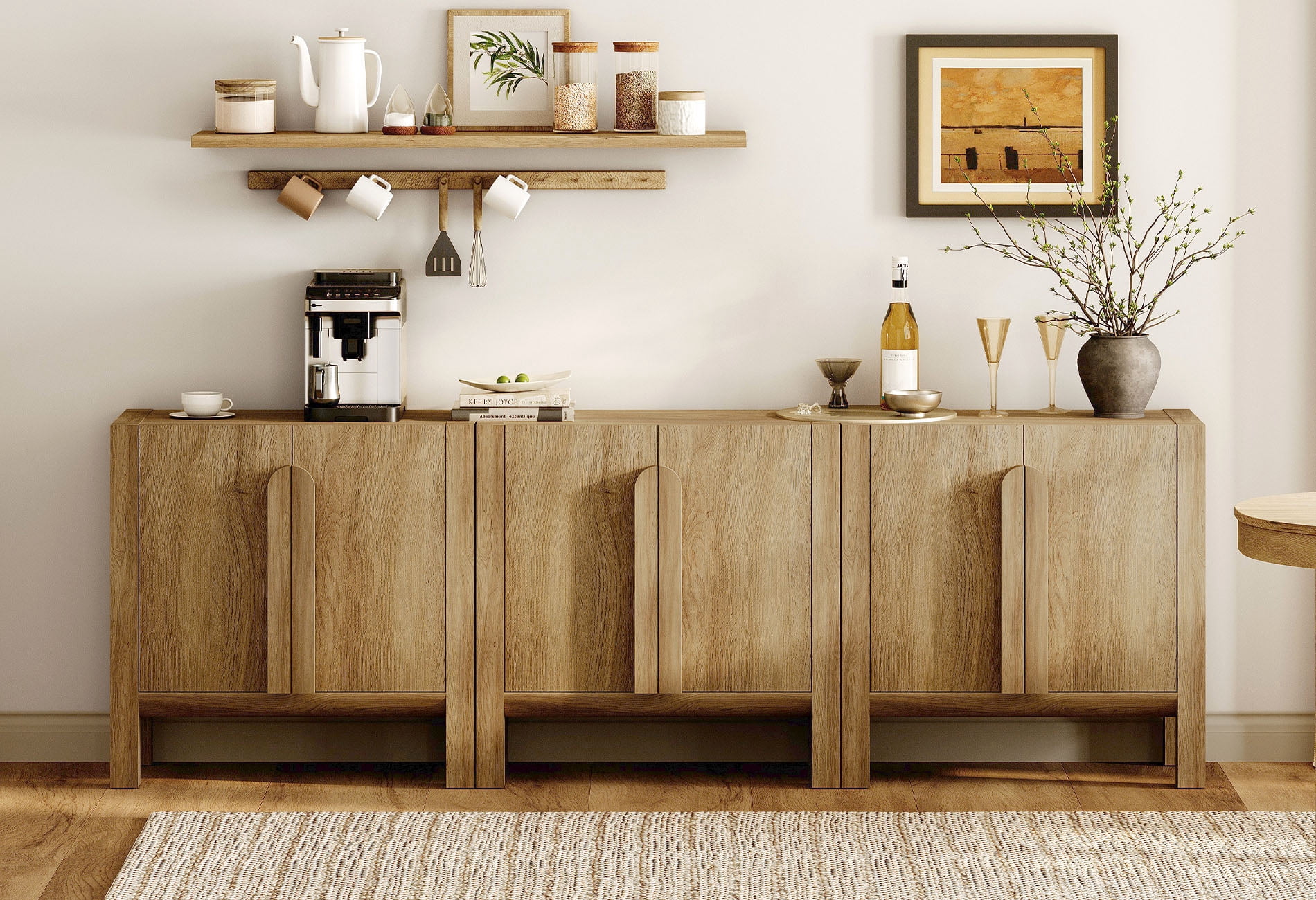 Mid-Century Modern 94.5" Sideboard Buffet Cabinet with Storage, 3-In-1 Wood Credenza with 6 Doors and Adjustable Shelves for Kitchen Living Room, Dining Room
