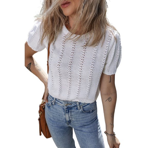 Women's White Pointelle Knit Short Puff Sleeve Crewneck Sweater - Casual and Stylish | [ZhiHiMeRi] | (US 12-14)L