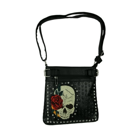 Embroidered and Embossed Skull and Roses Studded Concealed Carry Crossbody Bag