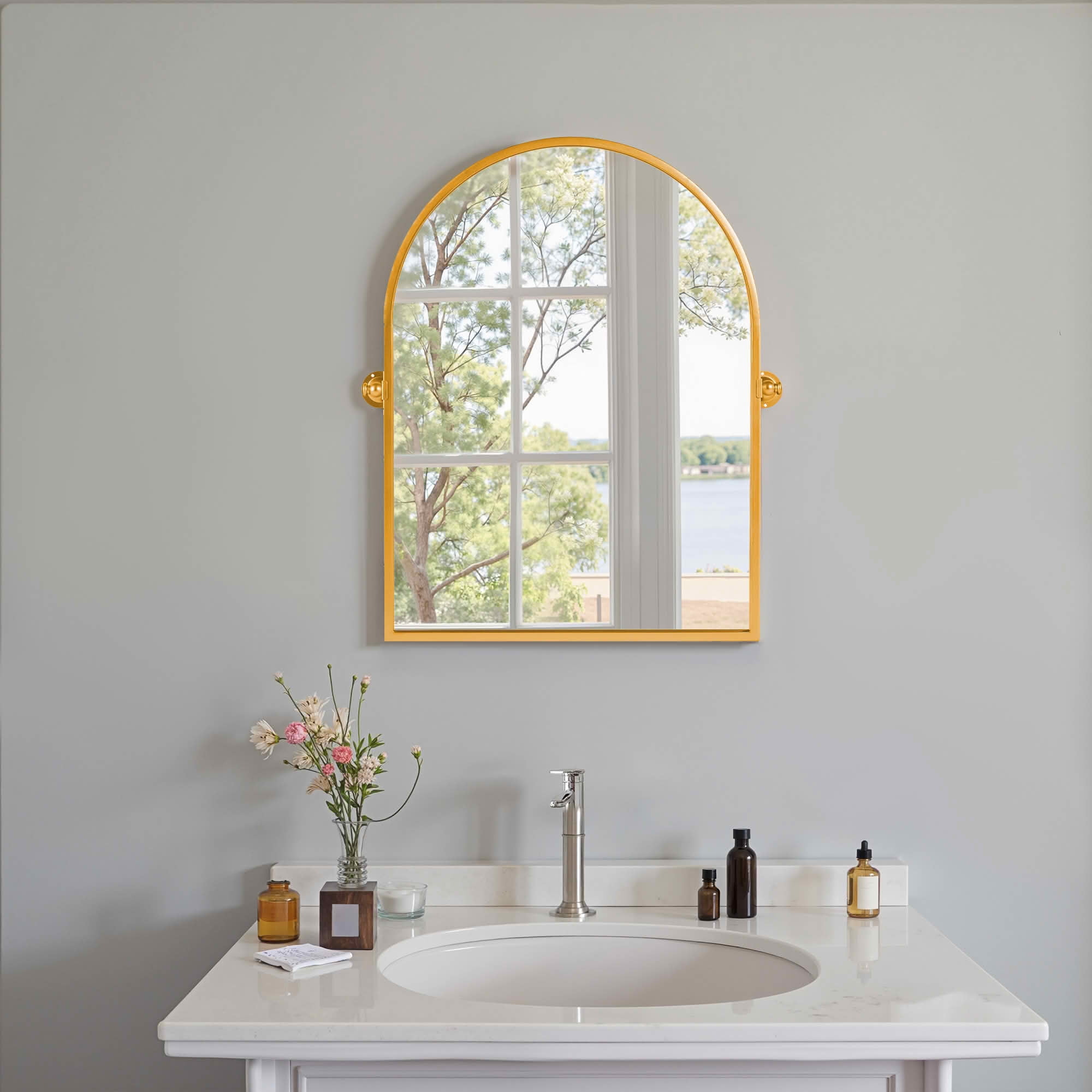 MAYEERTY 36x24x2 Inch Gold Metal Right Angle Arched Wall Mounted Mirror for Home Bathroom