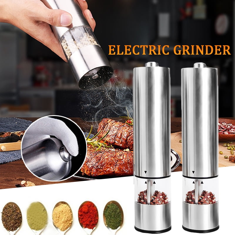 One Handed Push Button Peppercorn Grinders and Sea Salt Mills Refillable Battery Operated Stainless Steel Spice Mills with Light Automatic Electric Salt and Pepper Grinder Set 