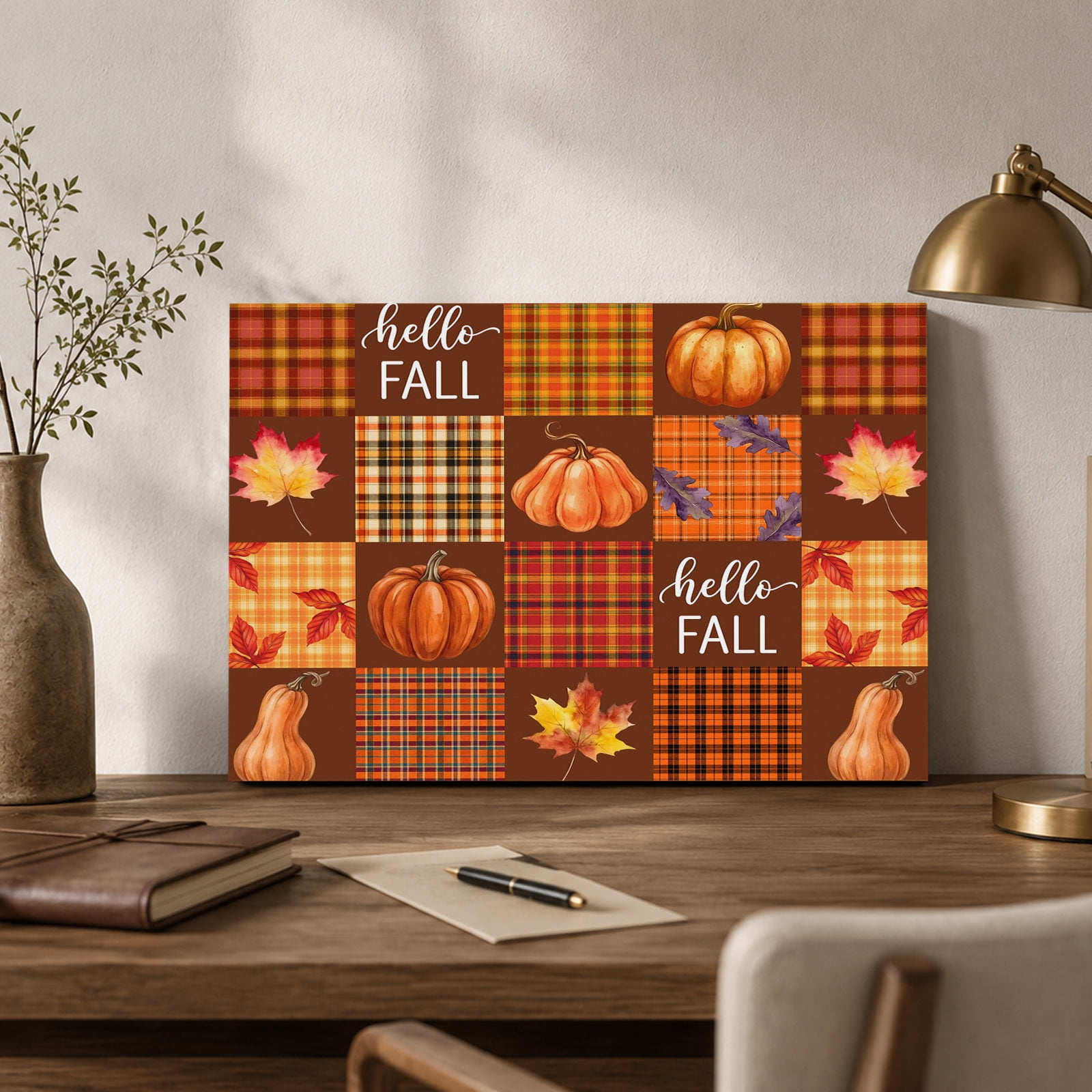 Hello Fall Patchwork Canvas Wall Art Country Pumpkin Maple Leaf Orange Brown Plaid Wall Art Prints Artwork Framed Canvas Ready to Hang Art Pictures for Bathroom Nightstand Narrow Hallway 14 x 11