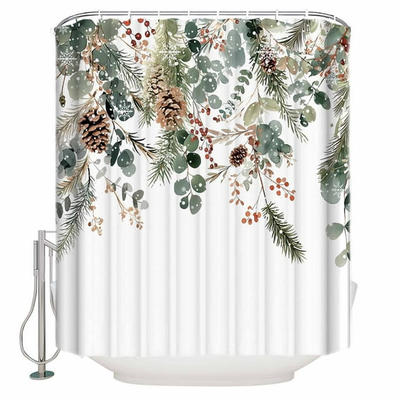 Extra Long Shower Curtain 72x84 Inch, Christmas Shower Curtain Waterproof Bathroom Decor Xmas Botanical Pinecone Eucalyptus Leaves Fabric Bath Curtain Set Accessories with Hooks