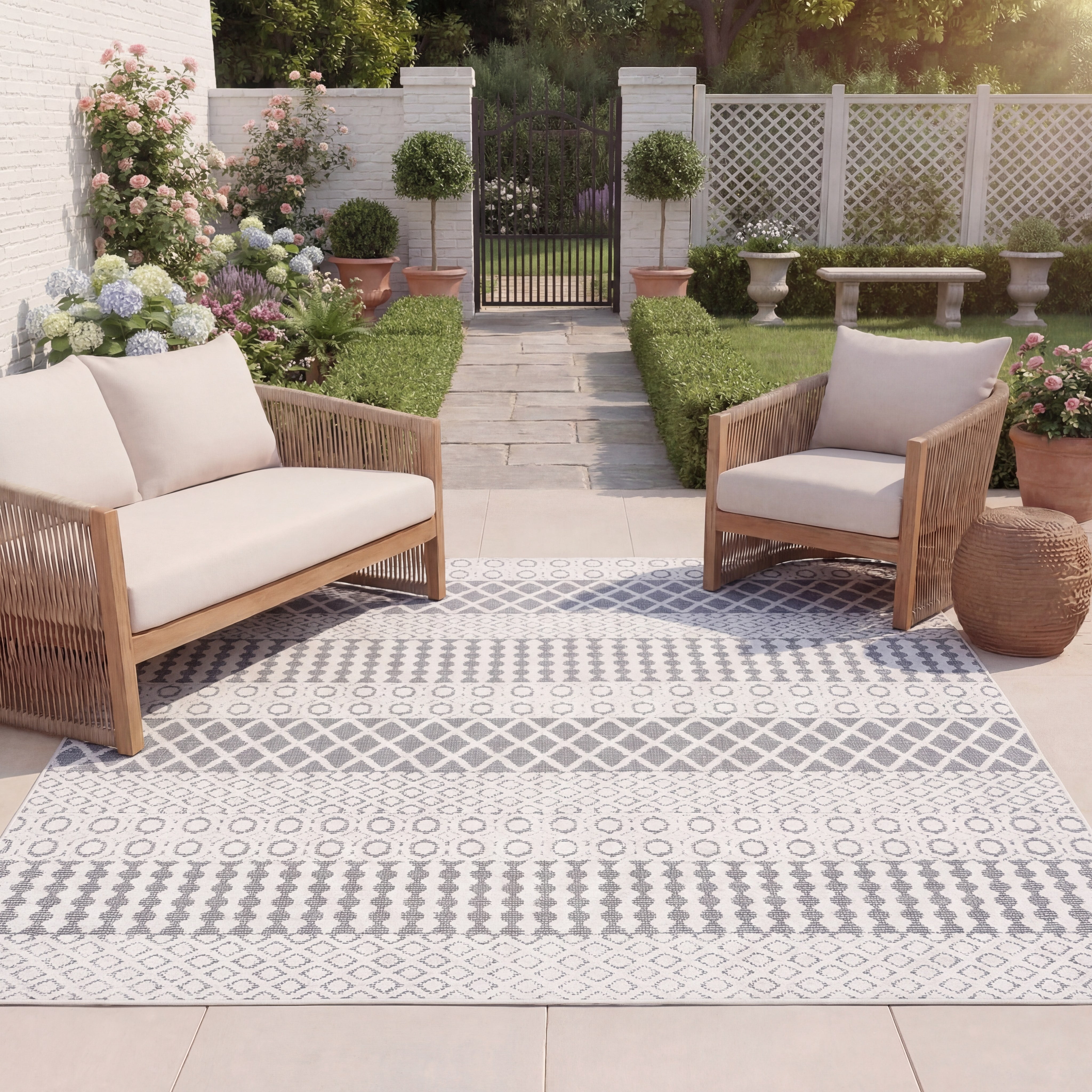 SAFAVIEH Cabana Elouise Geometric Indoor/Outdoor Area Rug, Ivory/Grey, 8' x 8' Square