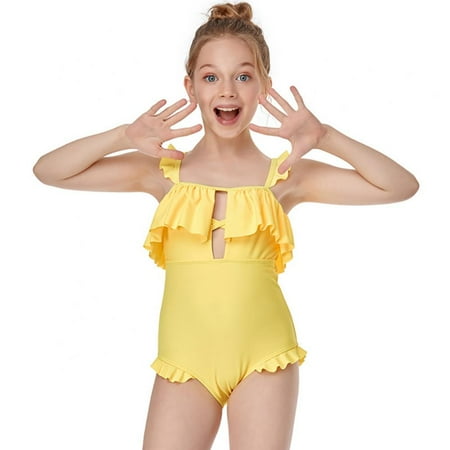 

Baozhu Baby Girl Ruffled Swimsuit 2-12 Years One Piece Solid Bathing Suits for Kids Toddler Princess Girl Beachwear Sunsuit 6-8 Years