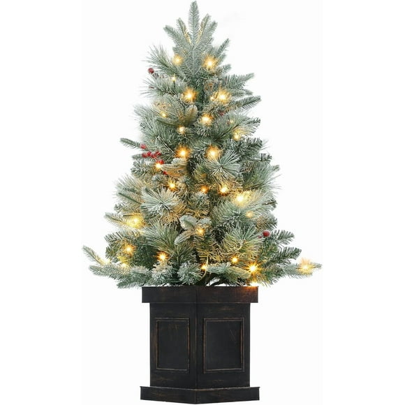 Árbol de Navidad Artificial 90cm con ramas nevadas, luces LED blancas cálidas y bayas rojas, maceta cuadrada grueso – Decoración navideña para hogar, entrada o dormitorio – 3ft Frost Light Tree