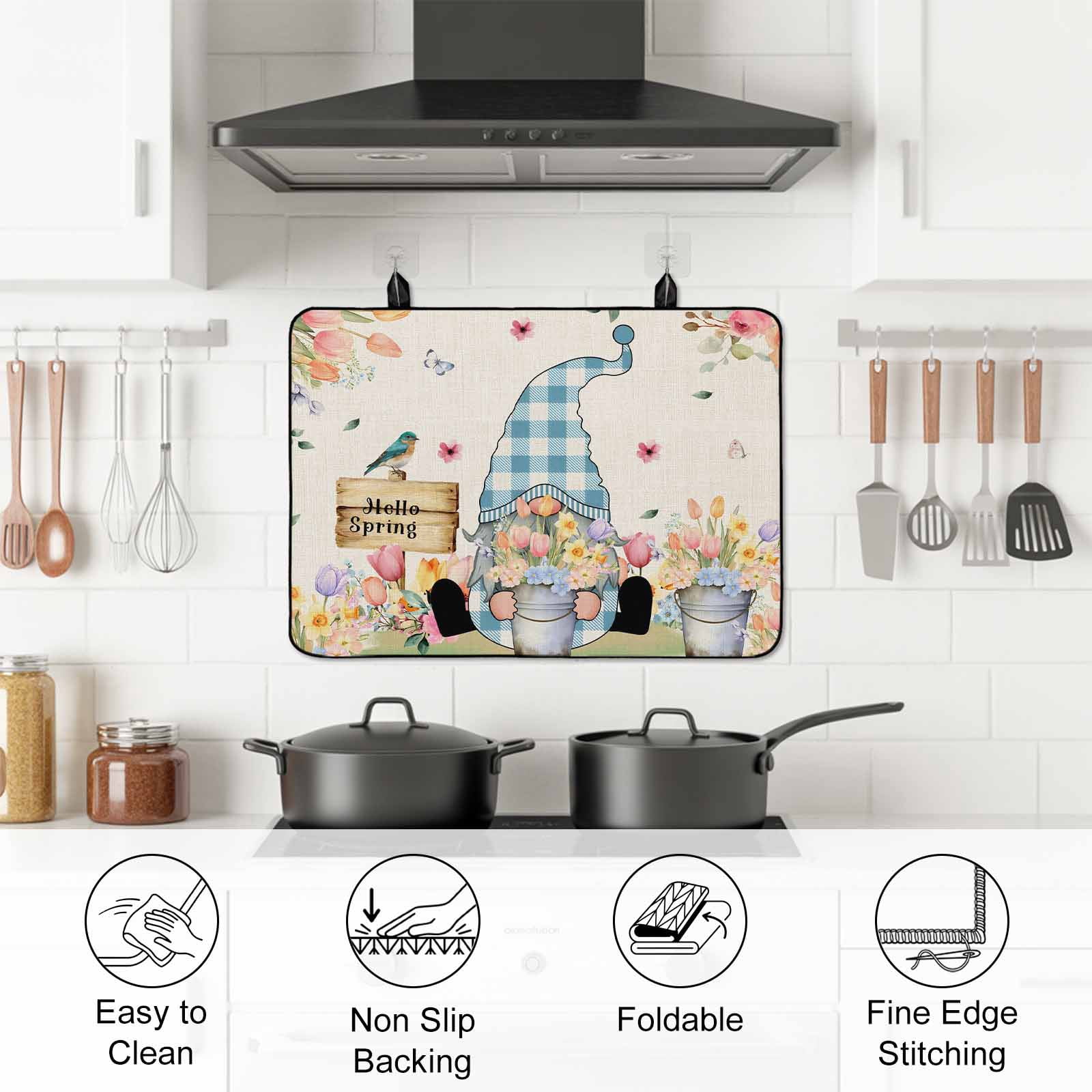Spring Gnomes Floral Stove Top Cover for Electric Stove, Heat-proof & Non Slip Glass Top Stove Cover Protector, Pink Tulip Botanical Beige Burlap Kitchen Flat Cooktop Rubber Mat 24x21 Inches