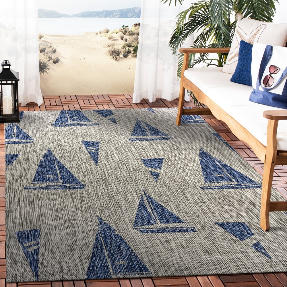 LR Home Nautical Sails Up Coastal Blue / Gray Indoor/Outdoor Rug
