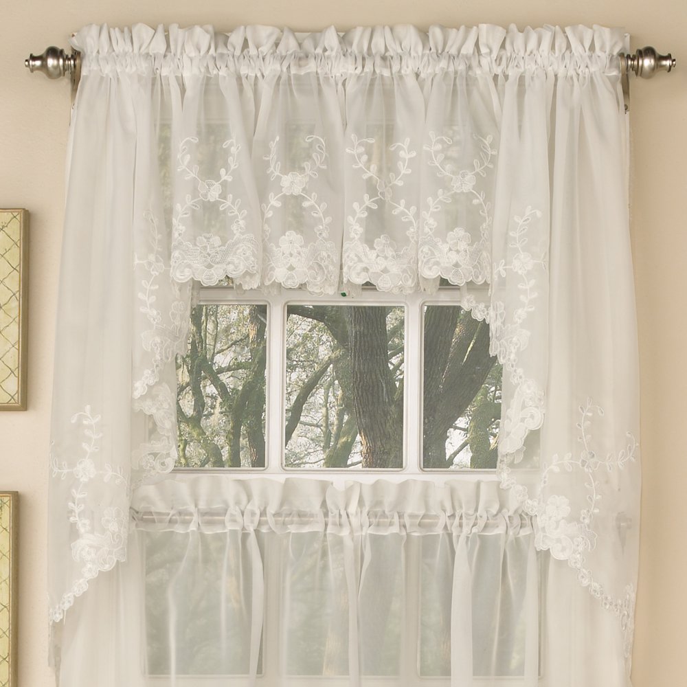 Laurel Leaf Sheer Voile Embroidered Kitchen Curtains 38" x 60" Swag