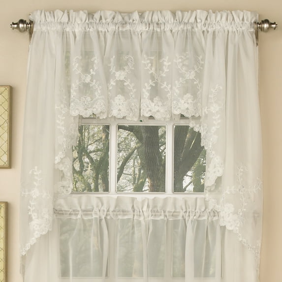 Laurel Leaf Sheer Voile Embroidered Kitchen Curtains 38" x 60" Swag Pair
