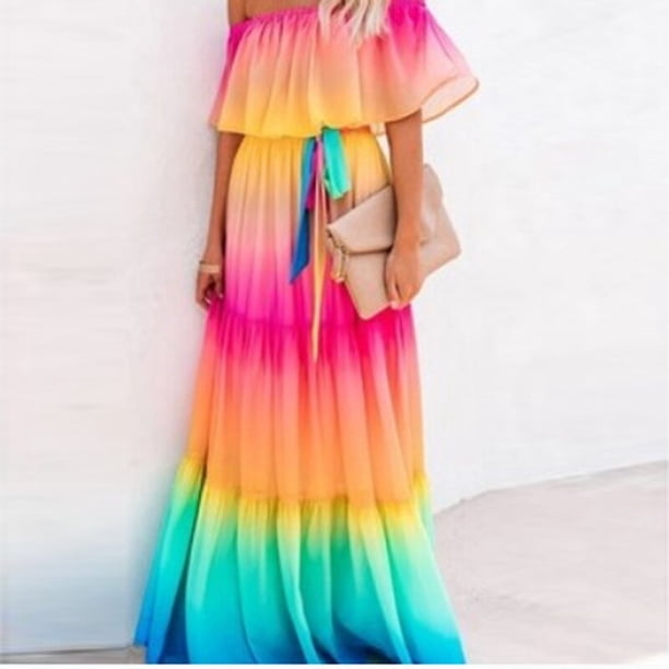 Fashion Casual Women's Sexy Wrap Breast Gradient Long Dresses Summer Elegant One-Line Neck Floral Print Lace-Up Zipper Dress 5XLXXXL Gao Jinjia LED