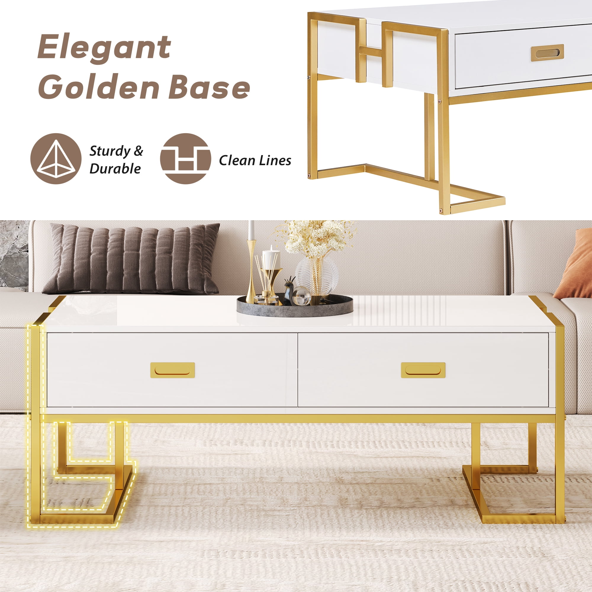 Euroco Modern White Rectangular Coffee Table with 4 Drawers and Gold Base in 47.3"