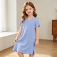 thumbnail image 2 of HAYIMI Girls V Neck Dresses, Short Sleeve Side Split Loose Solid Color Casual Kids Dress for Summer Bedroom Wear Comfort Sundress, 2 of 3