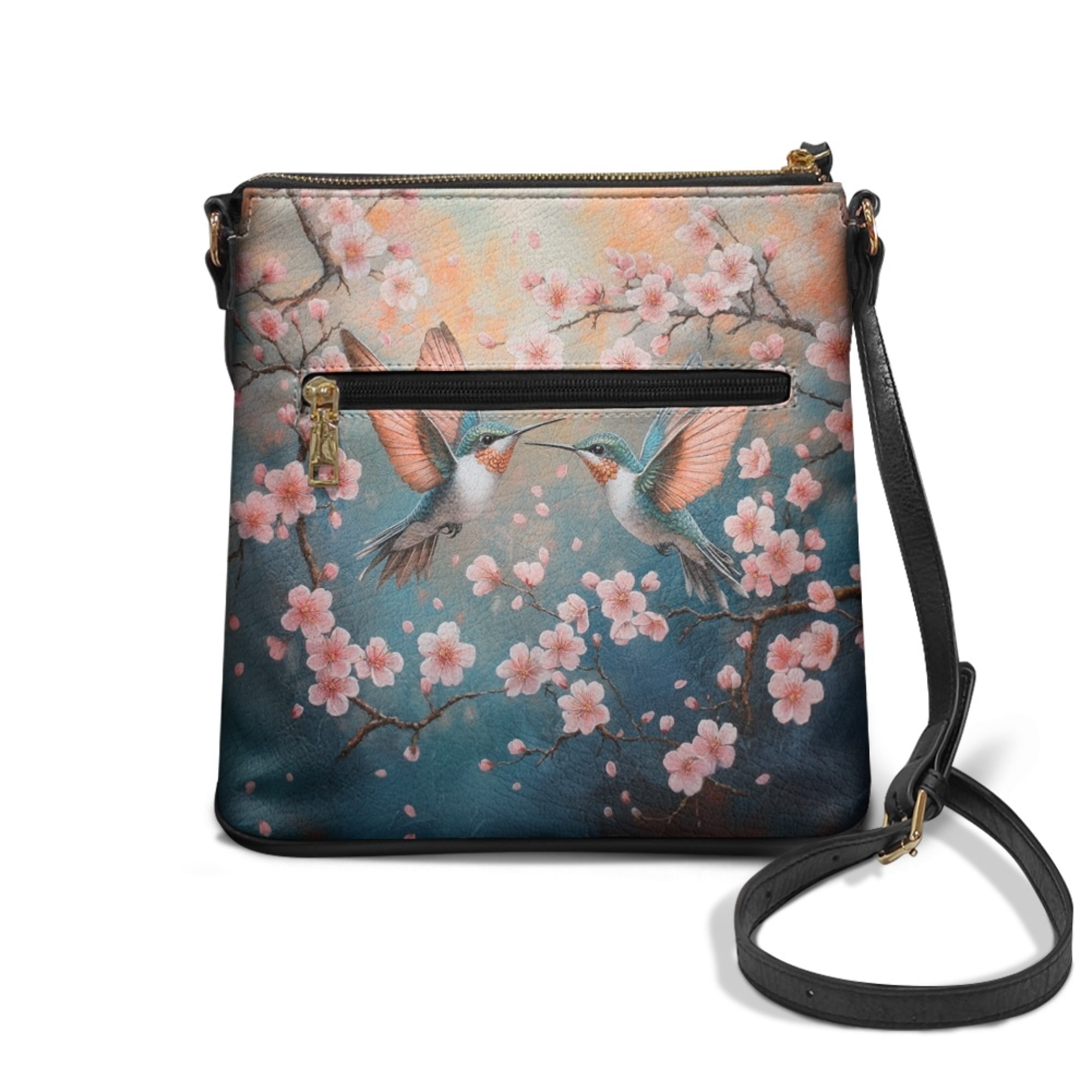 Kuiaobaty Hummingbird Print Crossbody Bag for Women, Cherry Blossom Print PU Leather Hobo Handbag with Adjustable Strap, Roomy Large Capacity Sling Purse Crossbody for Travel