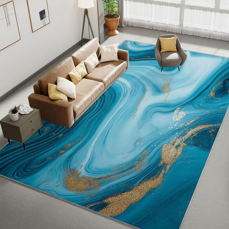 Living Room Area Rugs, Marble Blue Wave Texture Printed Design