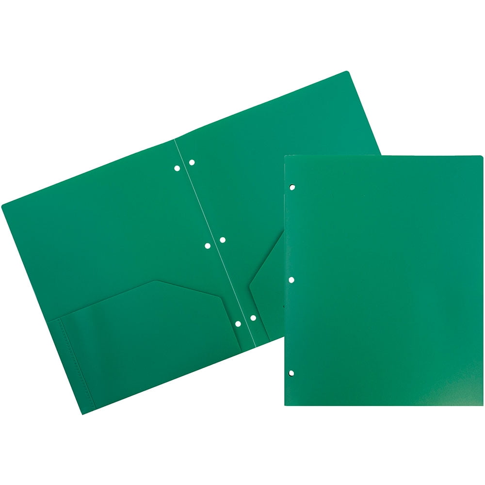 JAM Heavy Duty Plastic 3 Hole Punch School Folders with Pockets, Green, 6/Pack