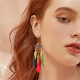 thumbnail image 3 of Long Feather Dangle Drop Statement Earrings for Women Gold-Toned Bohemian Enamel Fan Shaped Leaf Turquoise Beads Fringe Tassel Dangling Studs Earring Lightweight Fish Hook Vintage Ethnic Jewelry, 3 of 12