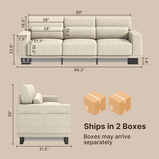 Aiho 69" Chenille Sofa, 3 Seater Sofa with Extra Deep Seats, Comfy Upholstered Couch for Living Room - Beige