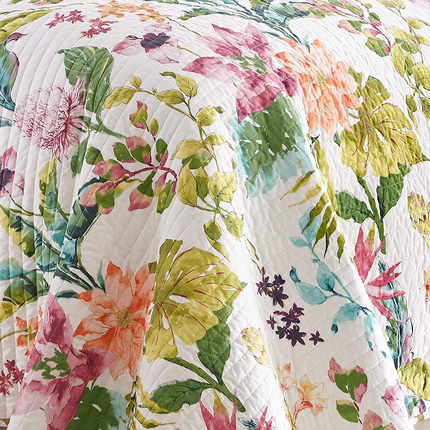 Levtex Home - Malana Quilt Set - Full/Queen Quilt + Two Standard Pillow Shams - Tropical - Green, Coral, Plum, Teal - Quilt (88x92in.) and Pillow Shams (26x20in.) - Reversible - Cotton Fabric