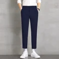 thumbnail image 3 of Pantalones de oficina rectos y elásticos de 9 pulgadas recortados para hombre, pantalones de trabajo para hombre, pantalones de traje elásticos con trenzas, ajustados, baratos, para vestir, informales, 3 of 5