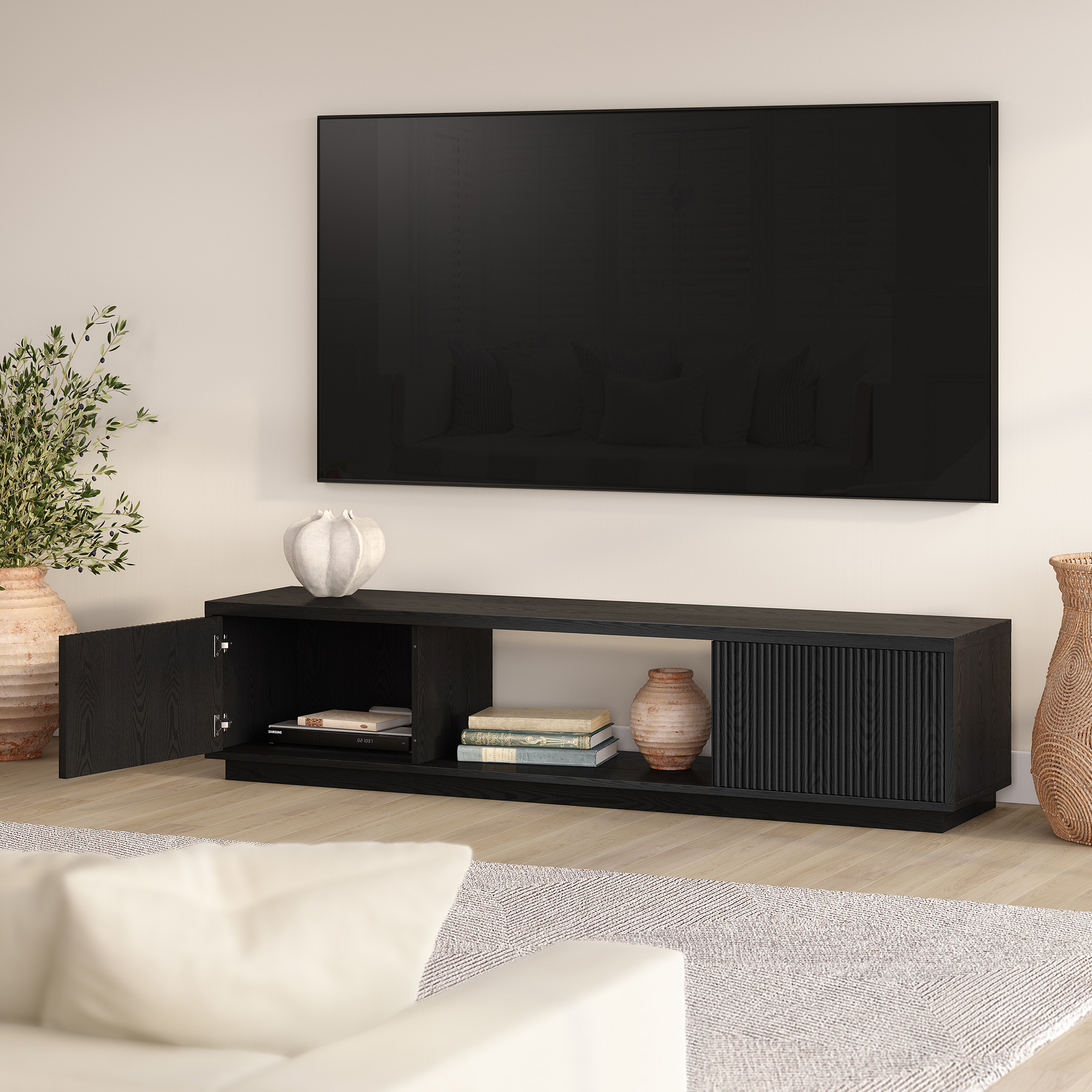 Dorian Rectangular TV Stand for TV's up to 78" in Black Grain