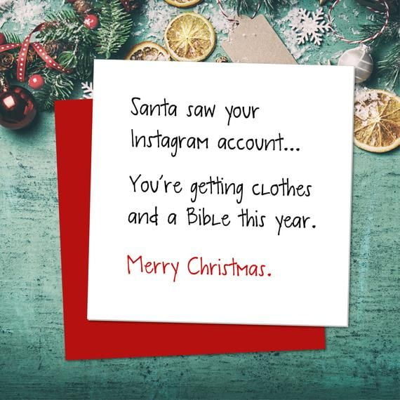 Funny Christmas Card – Santa Saw Your Instagram Account – Humorous Holiday Greeting Card for Family or Friends – Envelope Included – Perfect for Merry Christmas Wishes