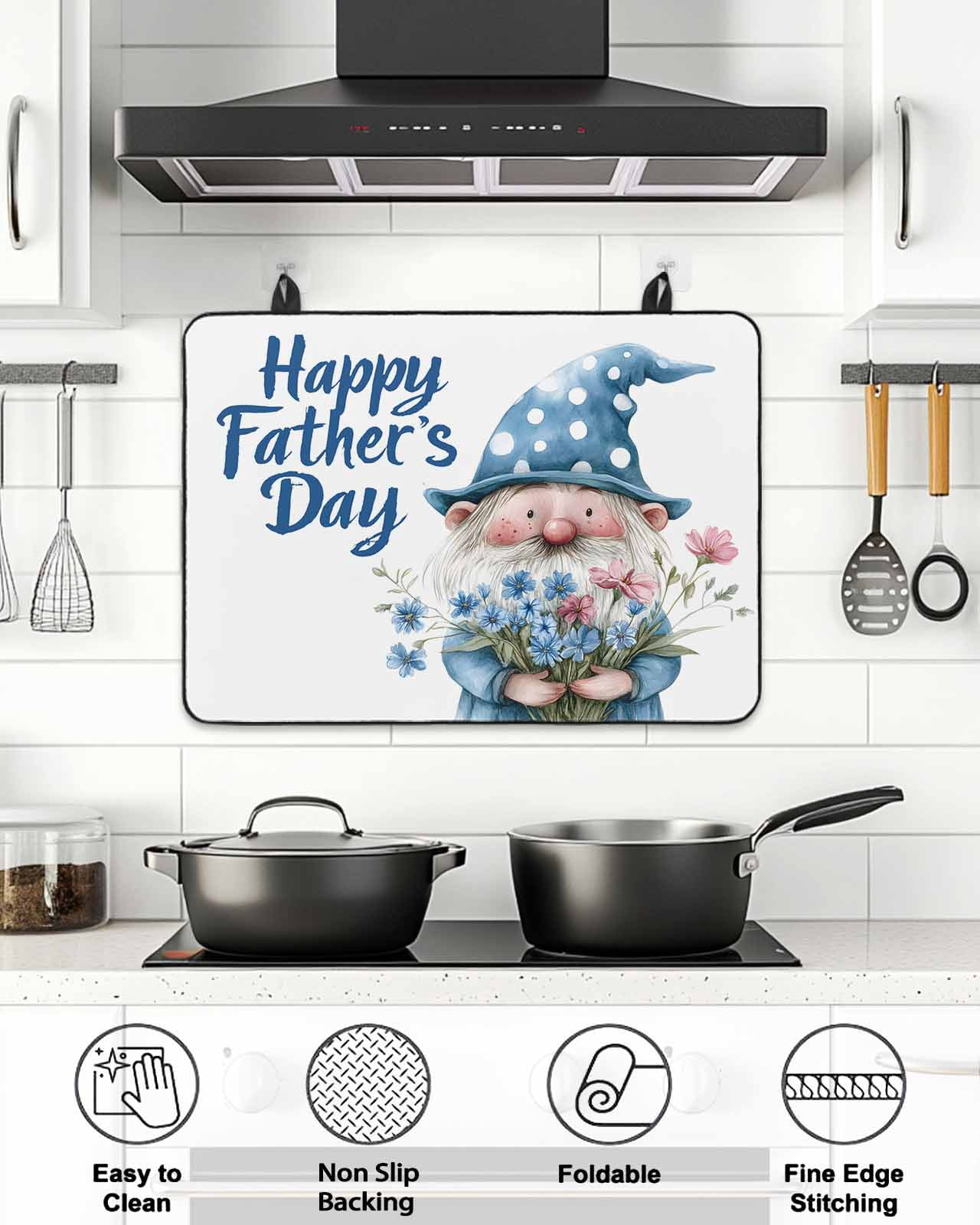 Stove Top Covers for Electric Stove 36x21 Inches, Happy Father's Day Heat Insulation Fireproof Glass Cooktop Protector, Blue Gnomes Floral Botanical Countertop Stovetop Cover for Kitchen