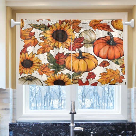Ryvnso Harvest Fall Pumpkins Half Curtains Sets Tier 2 Panels Short Curtain Rod Pocket 27"W x 24"L