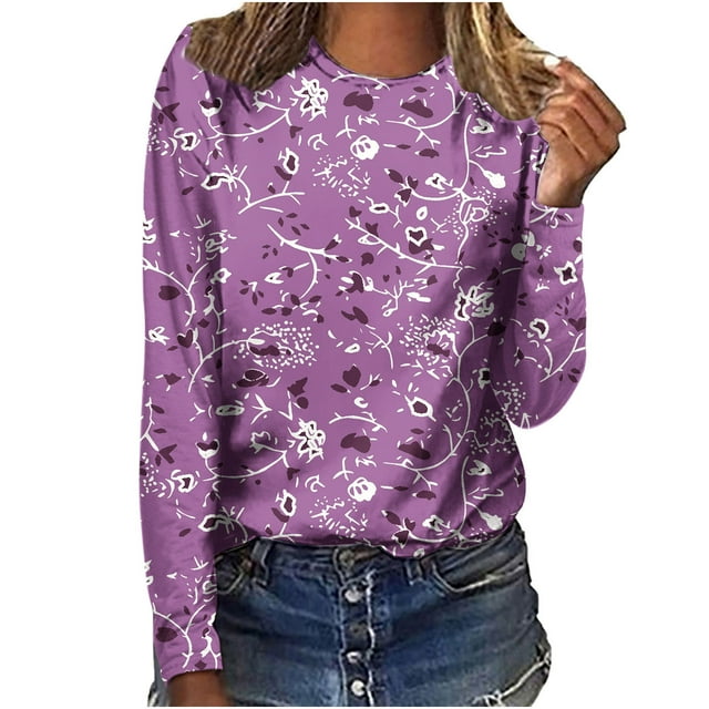 HKEJIAOI T-Shirts à Manches Longues en Polyester pour Femmes Imprimé Graphique Col Rond Blouses Habillées Décontractées Manches Longues