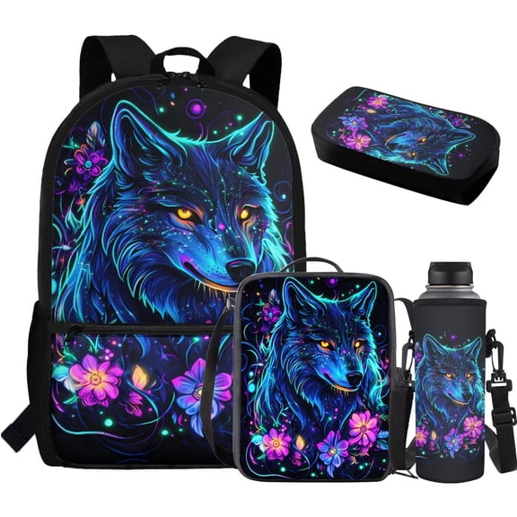 Jeiento Wolf Backpack for Boys with Lunch Box Pencil Case Water Bottle Book Bag for Kids 8-12 Middle Elementary School Bag Purple Flower Shoulder Bag
