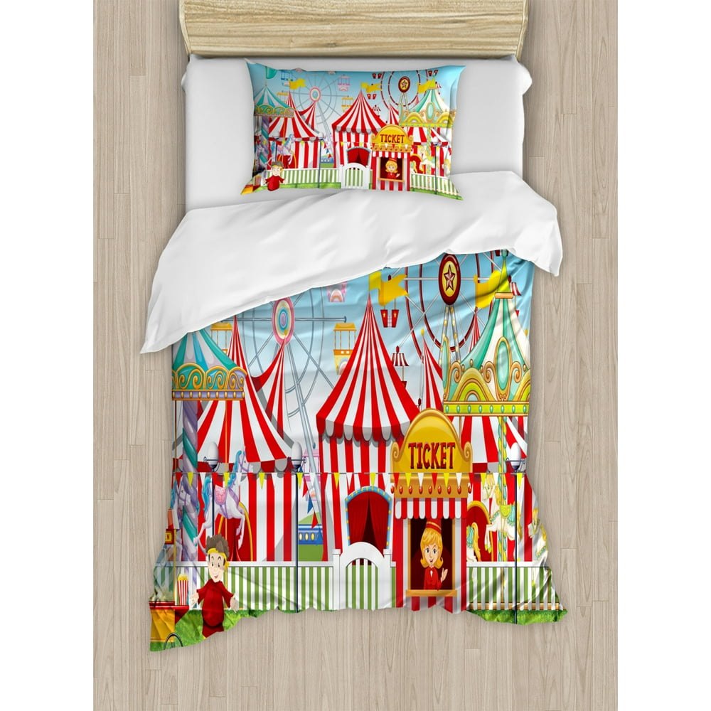 Circus Duvet Cover Set, Carnival with Many Rides and Shops Illustration