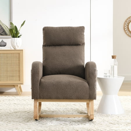 SYNGAR Fabric Upholstered Rocking Chair with Solid Wood Base and 2 Side Pockets  Mid Century Modern Nursery Rocking Armchair Tall Back for Home Office Living Room Bedroom Balcony  Coffee