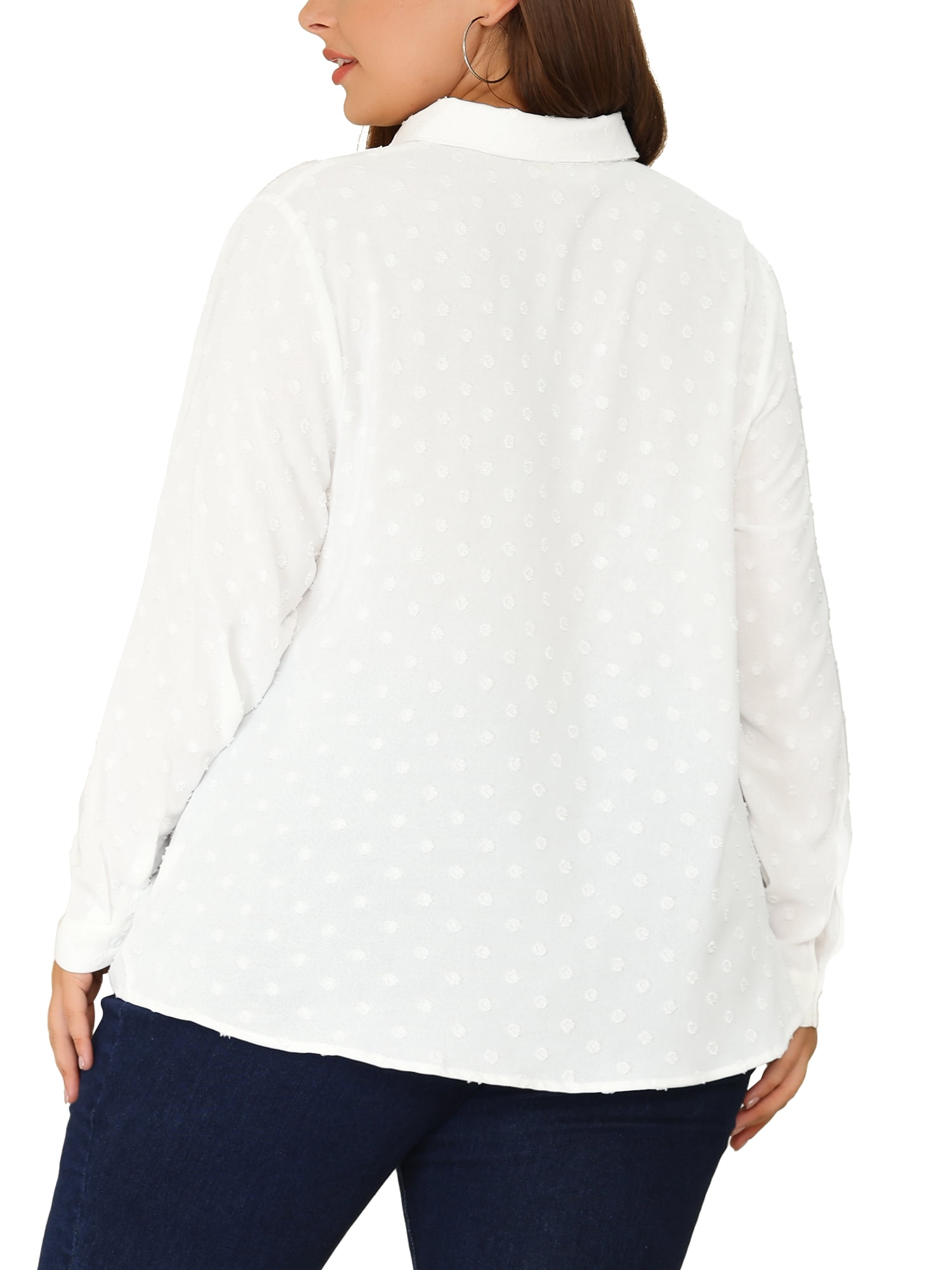 DARING DIVA Women's Plus Swiss Dots Button Down Collar Long Sleeve Tops 1X White