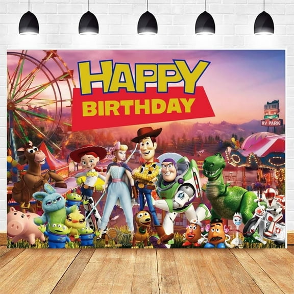 Cartoon Toy Birthday Backdrop Story Banner Party Supplies Happy Birthday Party Decorations 35''×30''