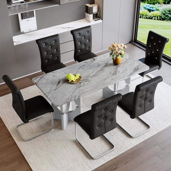 7-Piece Modern Dining Table Set, Faux Grey Marble MDF Table with 6 Upholstered Black Dining Chairs, Silver Metal Sled Legs, Contemporary Kitchen & Dining Room Furniture for Family & Entert