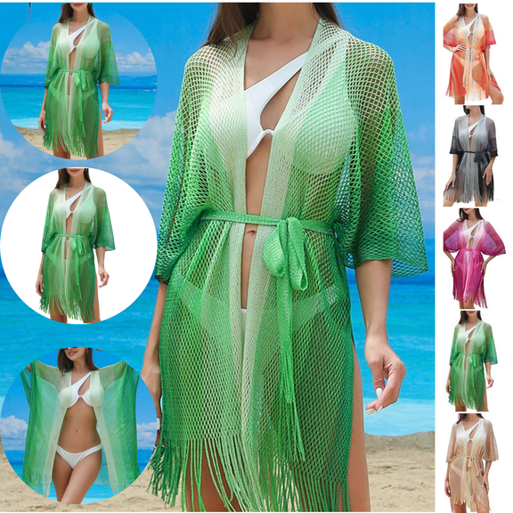 Gamivast Swim Cover up for Women Ombre Fishnet Kimono Fringe Hem Open Front Tie Waist Sheer Beach Cover up Cardigan Vacation Resort Wear Cruise Beach to Boardwalk