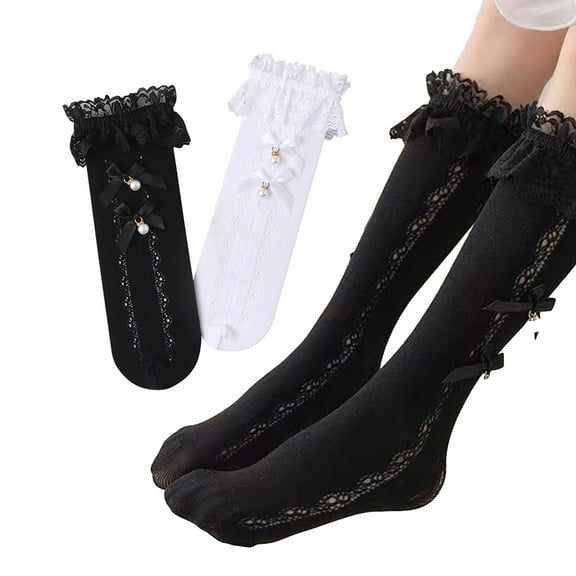 Esaierr 2 Pairs Girls Mesh Knee High Socks for Kids Baby Lace Thigh High Socks Toddler Bow Princess Calf Socks