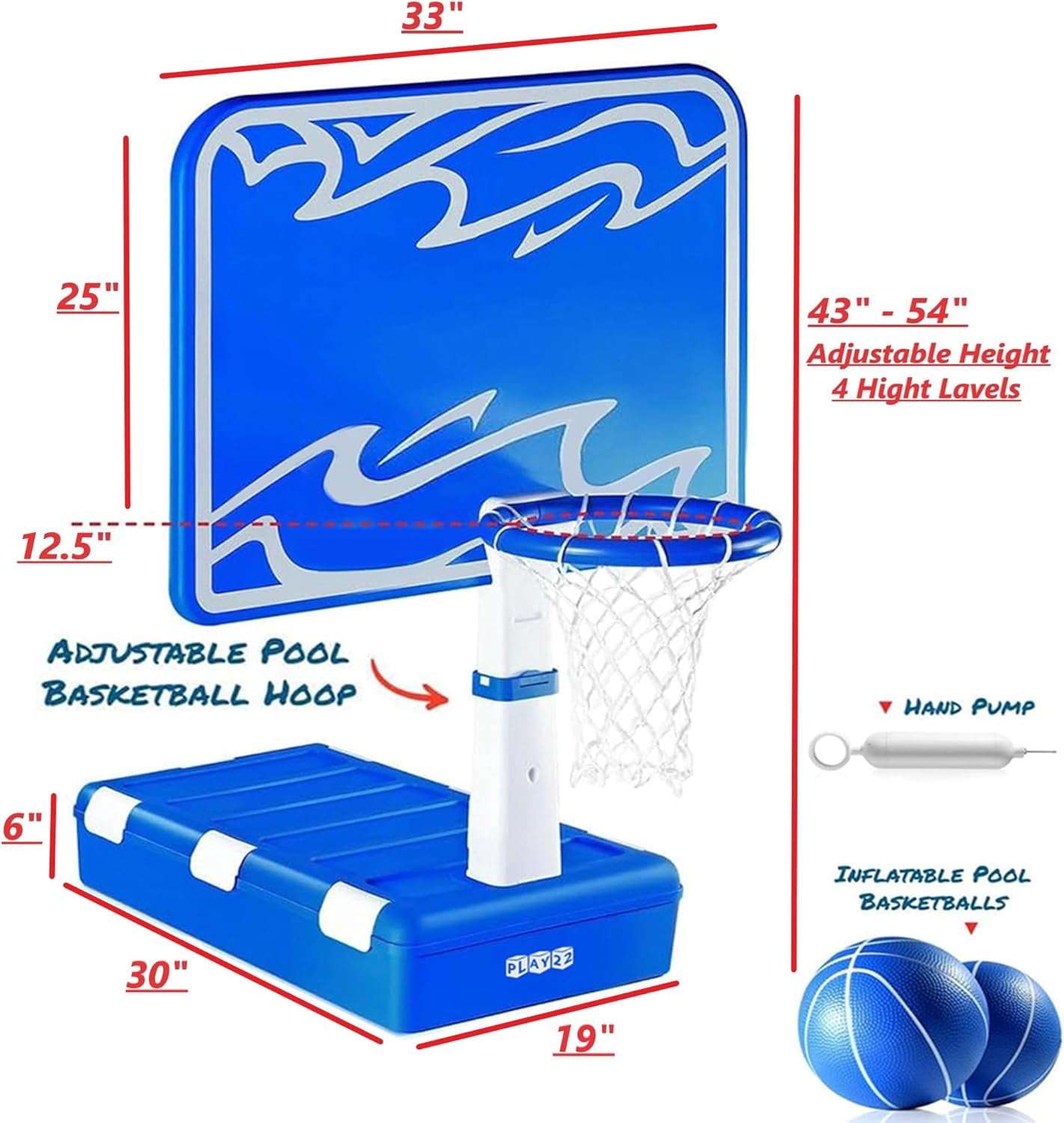 Play22 Swimming Pool Basketball Hoop - 4 Adjustable Height - Revolutionary Base and Storage System, Large Backboard 33"x 54", Pool Toys Basketball Game, Includes 2 Balls and Pump