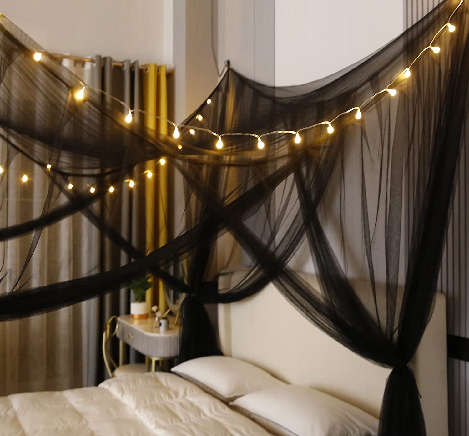 CAILDANL Bed Canopy,Canopy Bed Curtains Bed Drapes for Full Queen King Size Bed,Mosquito Net Bed Curtains for Patio Indoor Outdoor Net,Black Bed Canopy Curtains for Gothic