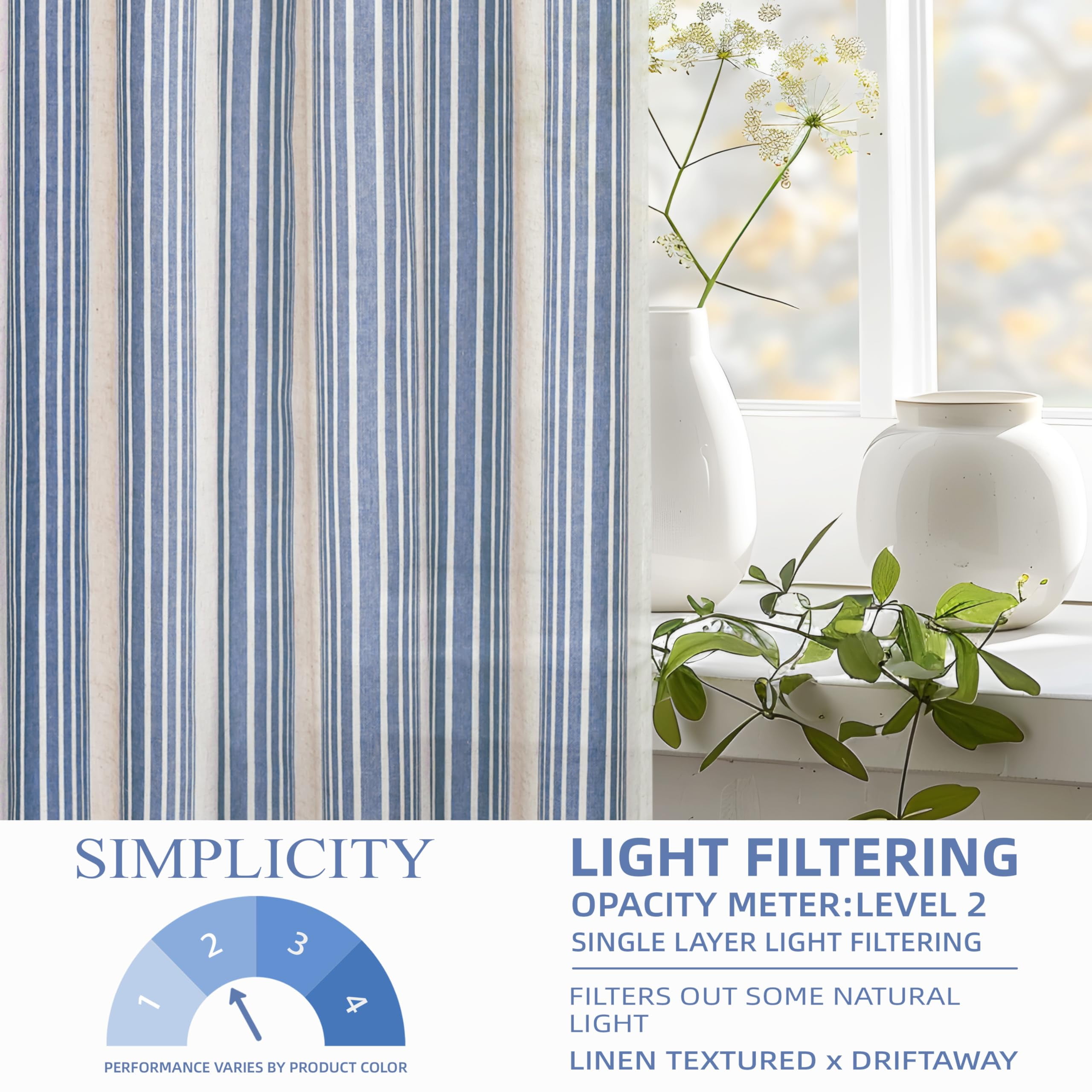 DriftAway Farmhouse Vertical Striped Linen Blend Textured Light Filtering Semi Sheer Curtains for Living Room Bedroom 84 Inches Long Drapes 2 Panels Broad Striped Jean Navy